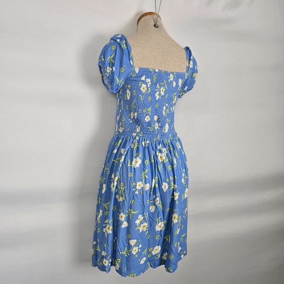French Connection Dress Women's 6 Blue Yellow Floral Mini Cap Short Sleeve NWT - Picture 14 of 16